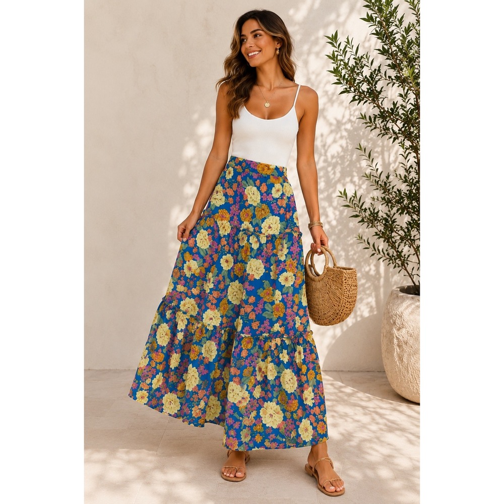 Pink Lily Take Pride Floral Maxi Skirt Women XS Blue Tiered Boho Cottage Resort